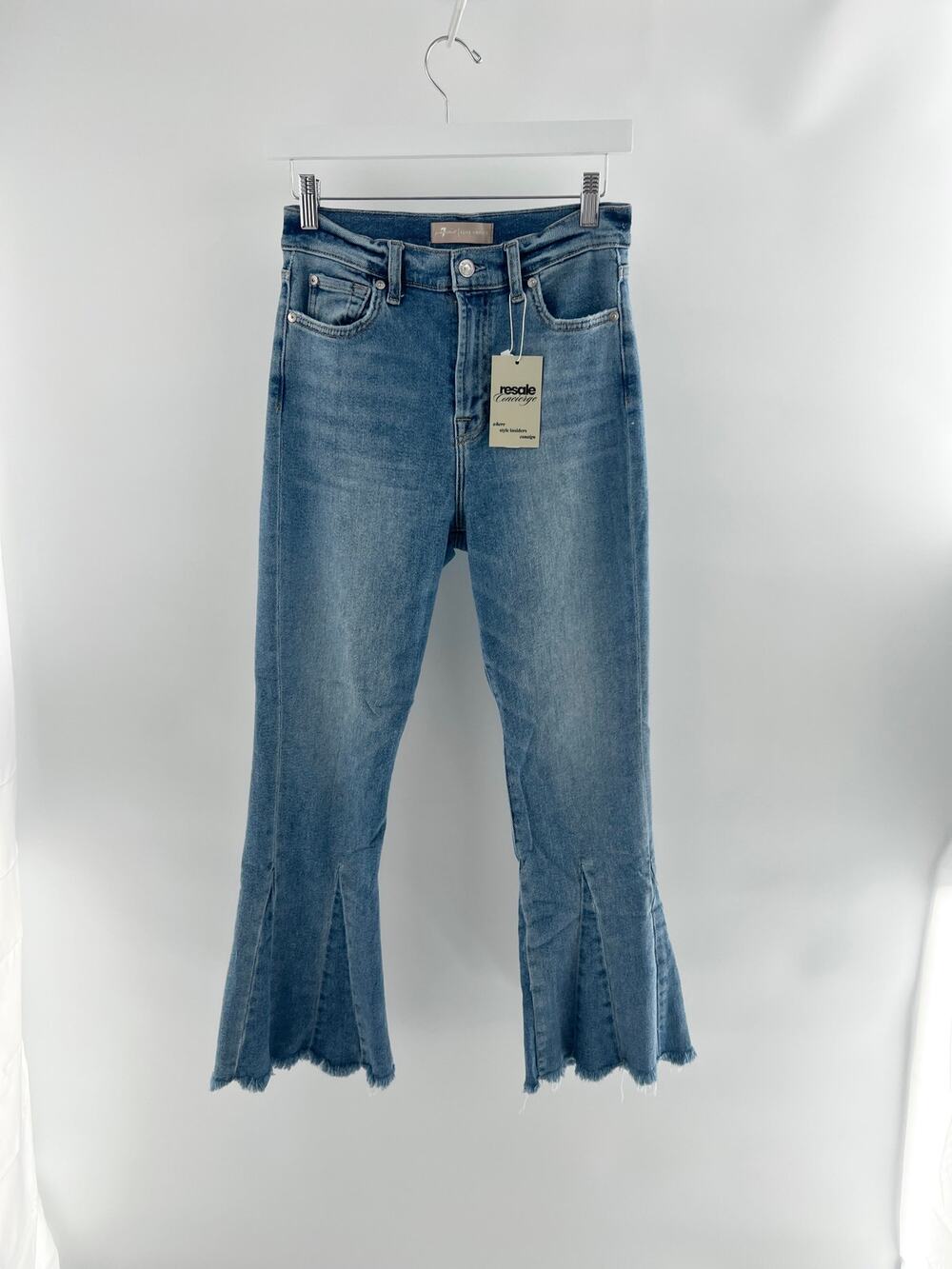 7 For All Mankind High-Waisted Frayed Hem Medium Wash Denim Flare Jeans Blue 28